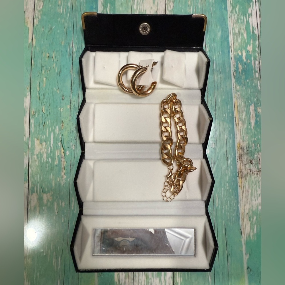 Gold Earrings, Bracelet, and Travel Case NWOT - Picture 2 of 2